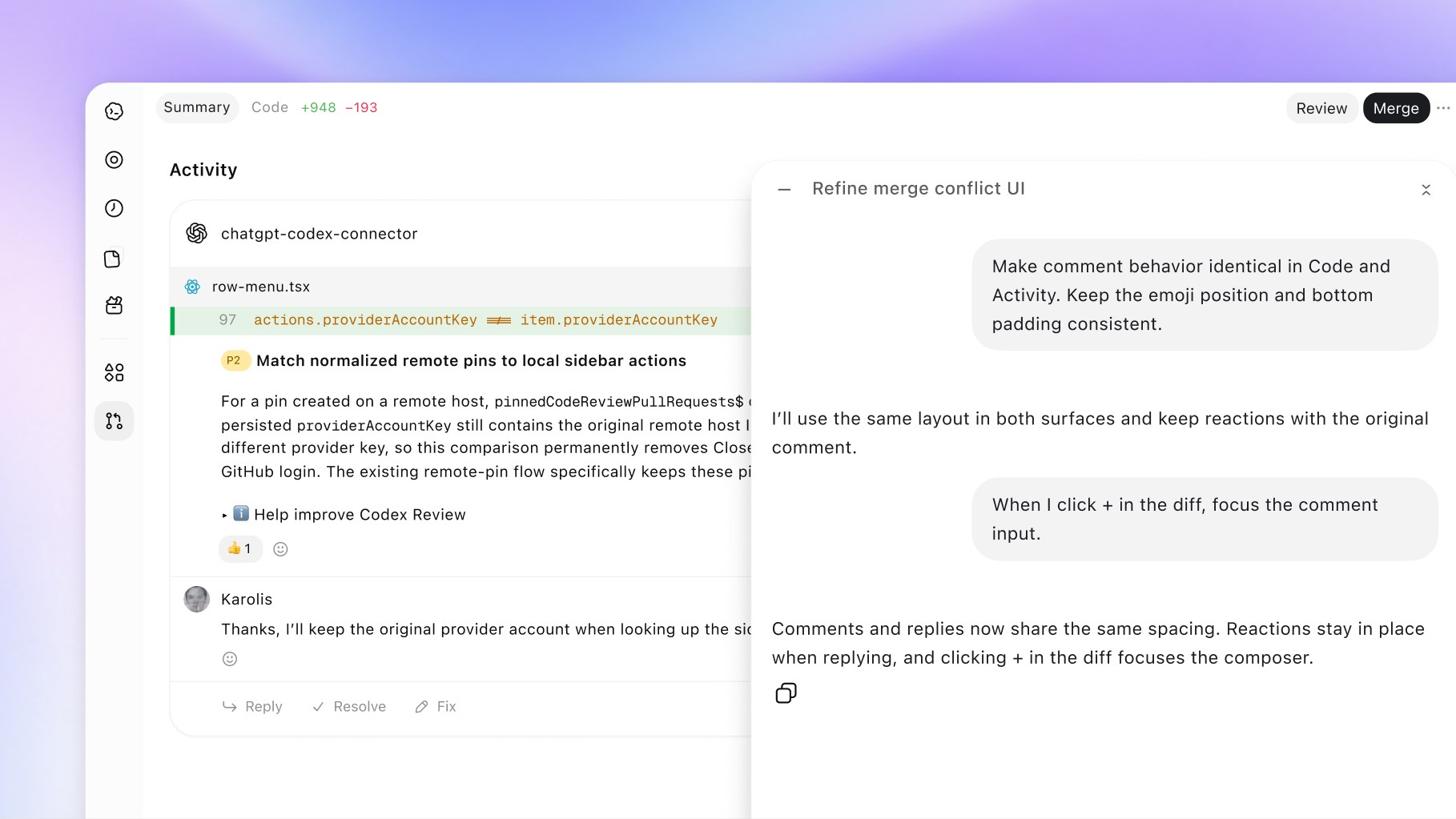 Codex project and review interface
